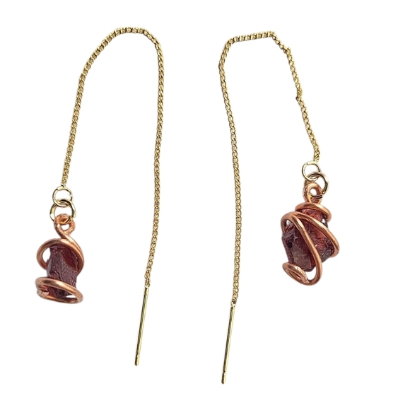 Garnet Threader Earrings 18K Gold Plated Wire-Wrapped Earrings - Picture 2 of 3